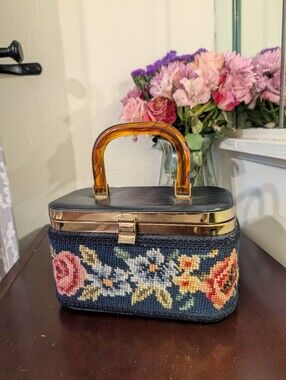 Vintage Needlepoint Box Handbag with Amber Handle